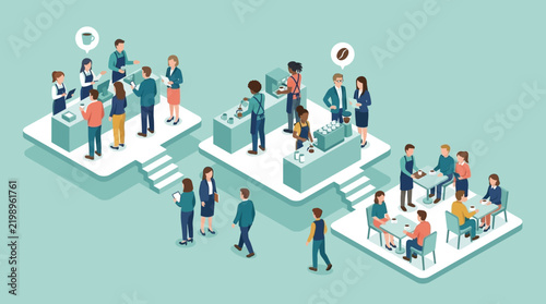 Isometric illustration of business team collaboration in office.