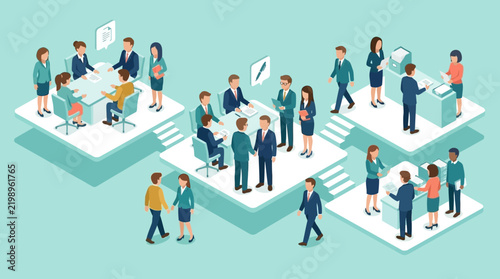 Isometric illustration of diverse business professionals networking.