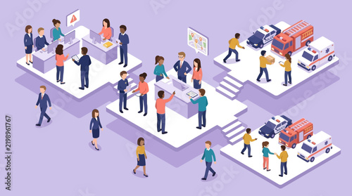 Isometric illustration of diverse business professionals at work.