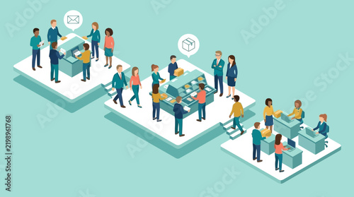 Isometric illustration of diverse office team collaboration.