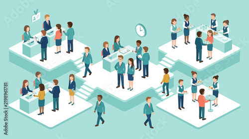 Isometric illustration of diverse office workers collaborating.