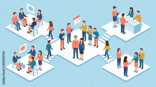 Isometric illustration of diverse people collaborating in groups.