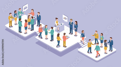 Isometric illustration of diverse people networking at a business event.