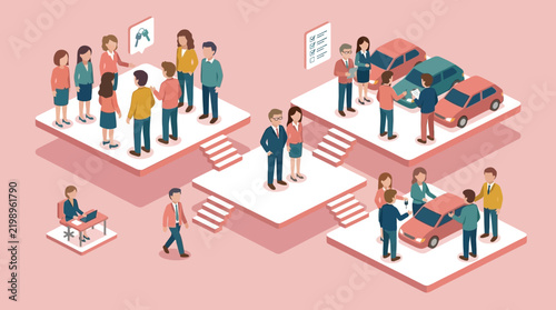 Isometric illustration of diverse people in daily activities.
