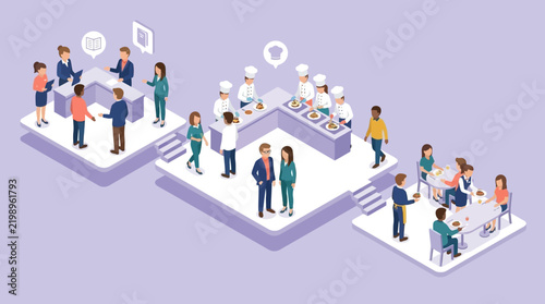 Isometric illustration of office team collaboration and meetings.