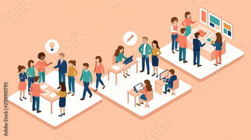 Modern classroom with students and teachers interacting.