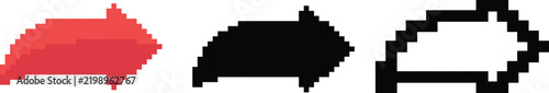 A set of pixel art curved arrows pointing right in red black and outline styles isolated on white background.
