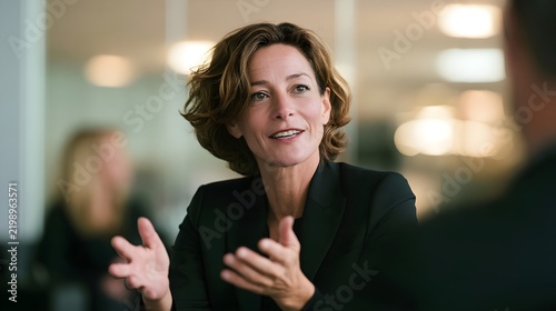 Professional Woman in Black Blazer Gesturing During Business Conversation