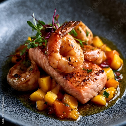 Grilled Salmon Fillet with Shrimp, Diced Vegetables and Fresh Greens