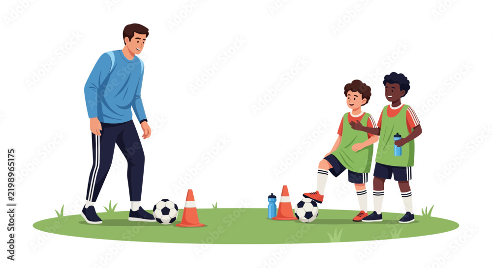 Obraz premium A dedicated soccer coach instructs young players during a lively outdoor practice session