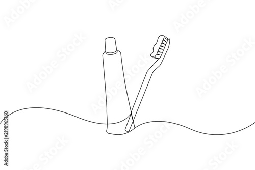 Toothbrush and toothpaste continuous one line drawing minimalist style isolate outline vector illustration