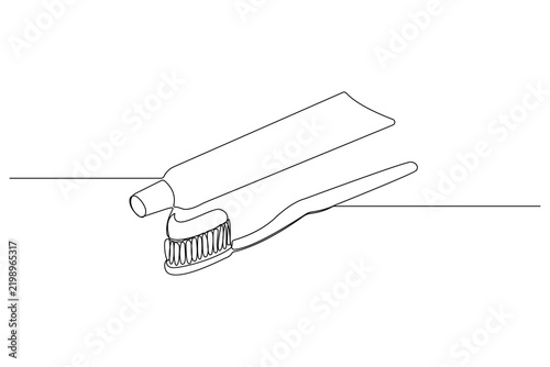 Toothbrush and toothpaste continuous one line drawing minimalist style isolate outline vector illustration