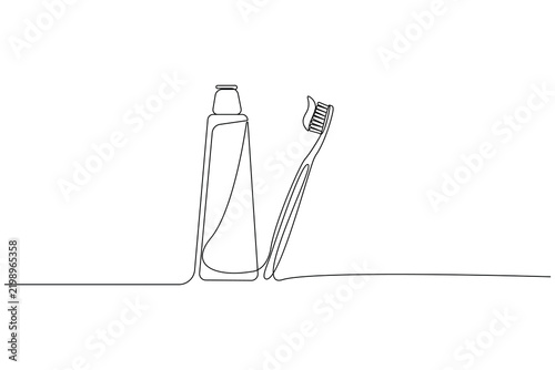 Toothbrush and toothpaste continuous one line drawing minimalist style isolate outline vector illustration