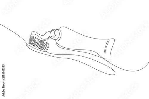 Toothbrush and toothpaste continuous one line drawing minimalist style isolate outline vector illustration
