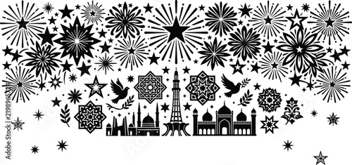 pakistan independence day vector illustration with minar e pakistan and fireworks