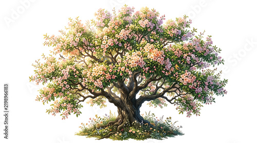 Lush Flowering Tree in Spring Meadow with Delicate Pink Blossoms and Green Foliage, Nature Photography for Springtime and Beauty Concepts