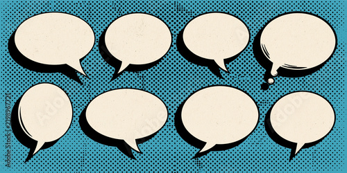 Eight empty speech bubbles arranged on a retro pop art background with a blue dotted texture