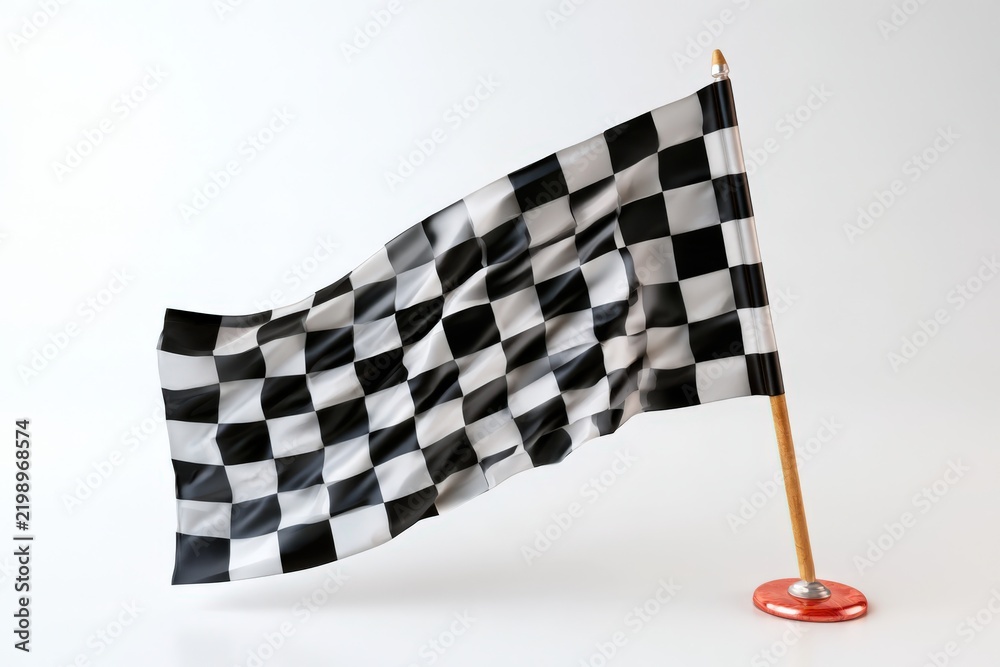 Obraz premium Checkered flag waves dynamically against a clean white backdrop