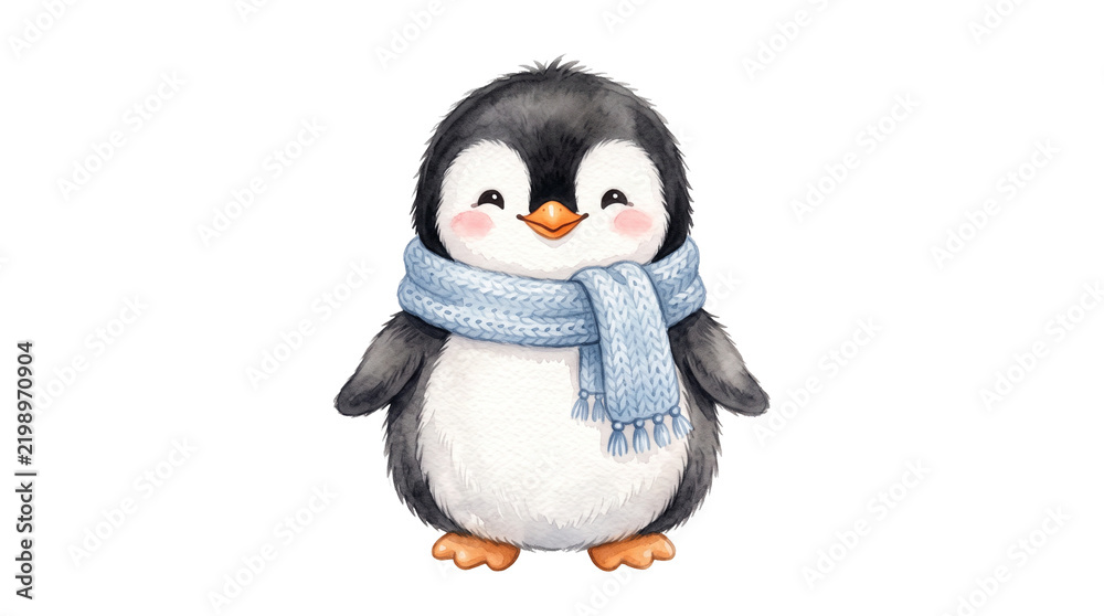 Obraz premium Cute baby penguin standing upright with blue scarf wrapped around neck in winter setting