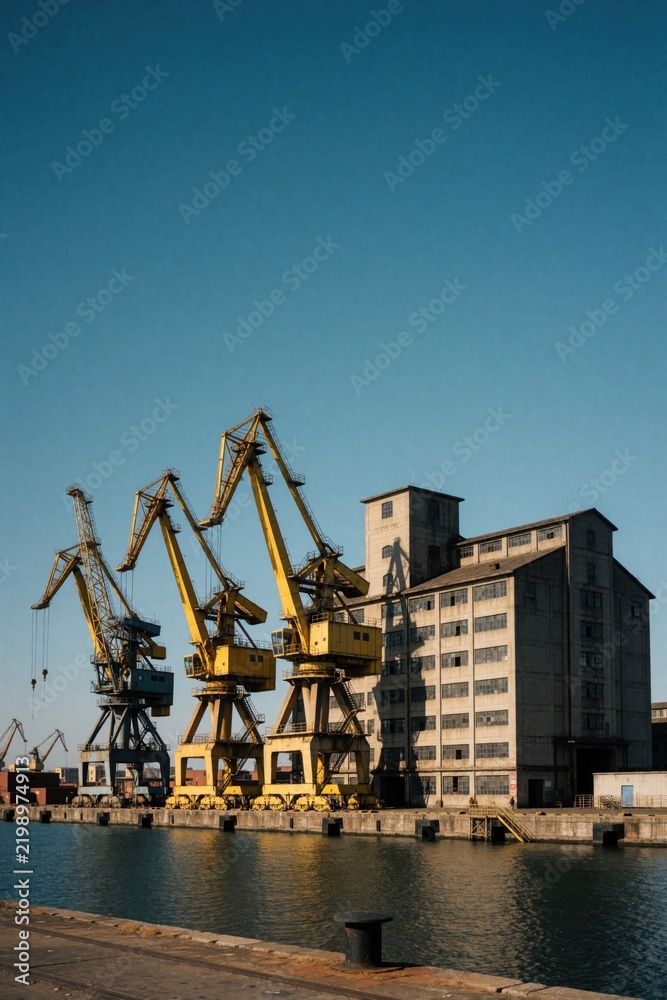 Fototapeta premium Industrial harbor with yellow gantry cranes, large concrete warehouse by water. Heavy machinery stands at shipyard pier under clear blue sky. Maritime logistics terminal for international trade,