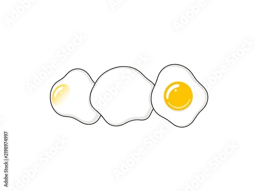 Three fried eggs showing different cooking stages from raw to fully cooked in a simple flat vector illustration