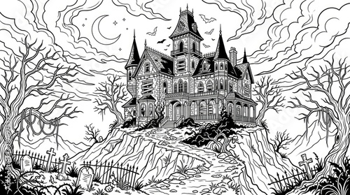 Gothic Haunted Castle on Cliff Edge Line Art Drawing