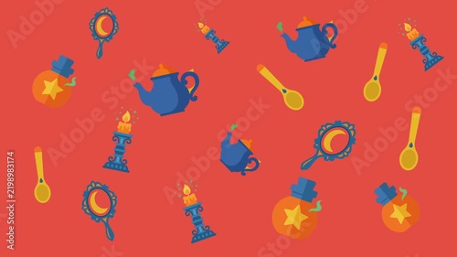 Whimsical Alice in Wonderland Objects Animated Background with Teapot Spoon and Candle