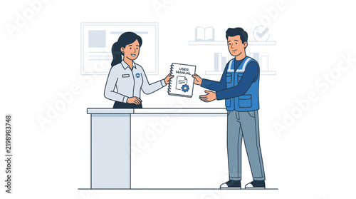 Customer Service Representative Hands Over User Manual to Client, Illustrating Support and Information Sharing