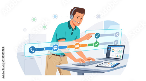 Customer service representative interacting with a digital workflow interface, illustrating business processes and communication.