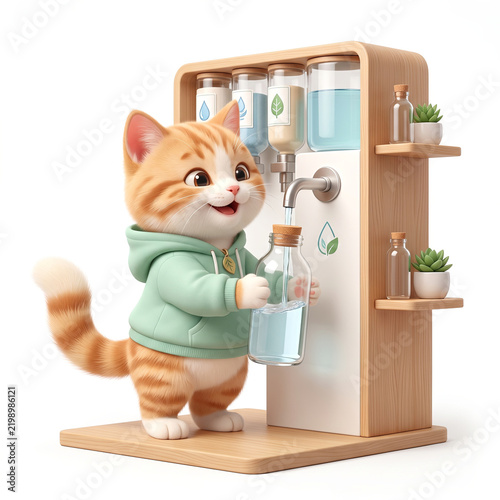 Cute Cat Filling Reusable Bottle at Refill Station. Plastic reduction and sustainable consumption concept representing refill culture, zero waste and eco friendly lifestyle.