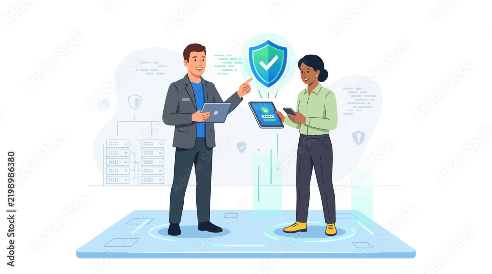 Obraz premium Diverse team collaborates on digital security and data protection using technology and tablets.