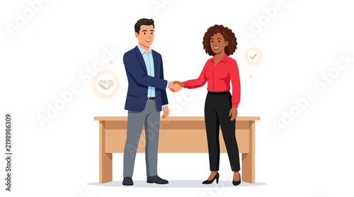 Diverse Business People Shaking Hands Over A Desk, Symbolizing Agreement and Partnership