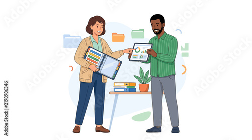 Diverse Business Colleagues Collaborating on Report and Data Analysis in Modern Office Setting