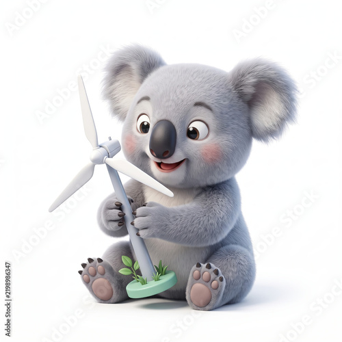 Cute Koala Holding Wind Turbine for Renewable Energy. Renewable energy concept representing wind power, clean technology, sustainable energy and environmental protection.