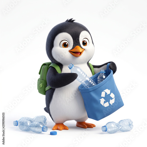 Cute Penguin Collecting Plastic Bottles for Recycling. Plastic pollution awareness and recycling concept representing ocean friendly behavior and environmental responsibility.