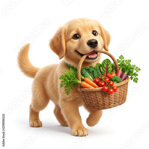 Cute Puppy Carrying Basket of Organic Vegetables. Sustainable food concept representing organic agriculture, healthy consumption, local produce and environmentally responsible living.