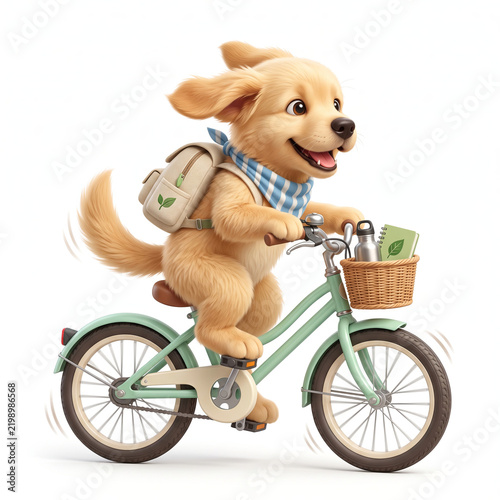 Cute Puppy Riding Bicycle for Sustainable Transportation. Sustainable transportation concept representing cycling, low carbon lifestyle, clean mobility and environmentally friendly travel.