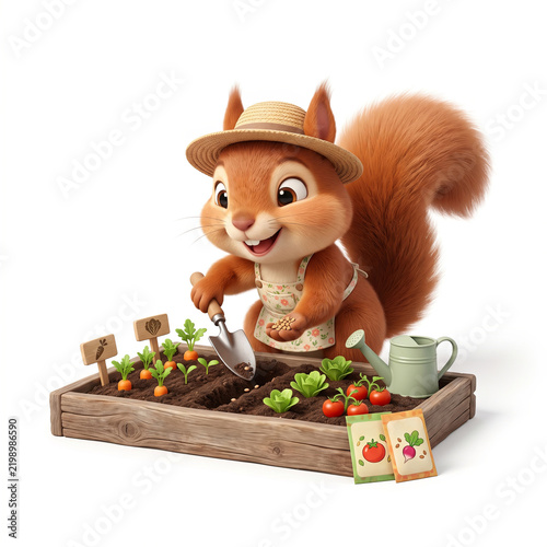 Cute Squirrel Planting Vegetable Seeds in Sustainable Garden. Sustainable gardening concept representing growing food, nature care, self sufficiency and eco friendly living.