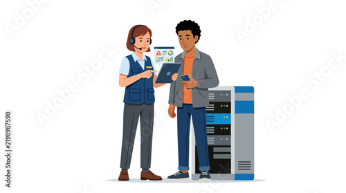 IT Support Collaboration: Technician and Client Discussing Server Data on Tablet