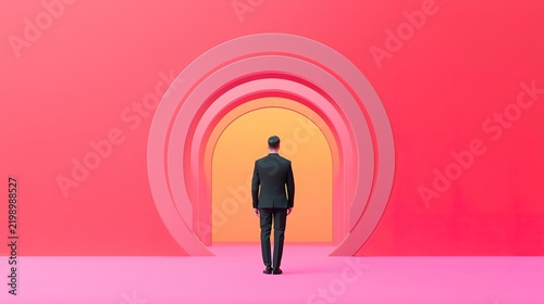 Professional man strolling through vibrant arches in a contemporary abstract office setting