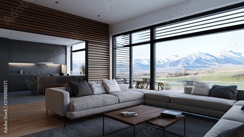 Contemporary living space featuring breathtaking mountain views and an open floor plan layout