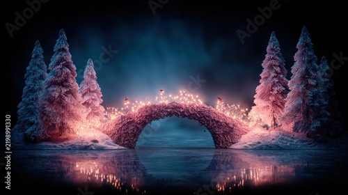Magical Winter Scene Snow Covered Trees Sparkling Bridge Night Landscape