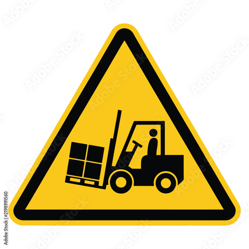 Forklift and pallets yellow triangle warning sign for warehouse safety, industrial hazards, workplace caution, loading, and material handling