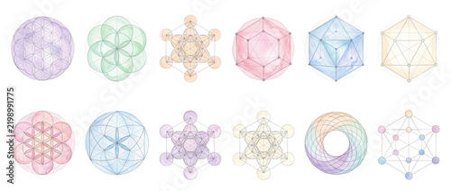 Sacred geometry flower of life metatron cube set featuring pastel watercolor geometric symbols on black background for spiritual design, esoteric astrology art, meditation logos, and mystical elements