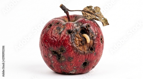 Close up of a spoiled rotten red apple with a larva crawling out of a pest damage hole