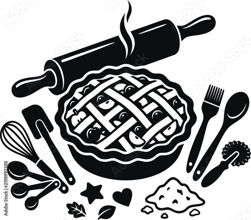 Baking pie with rolling pin and utensils