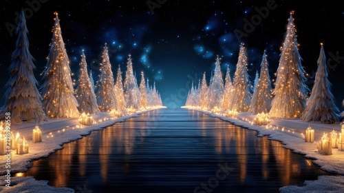 Snowy Winter Forest Path Lined with Illuminated Christmas Trees Under Starry Night Sky