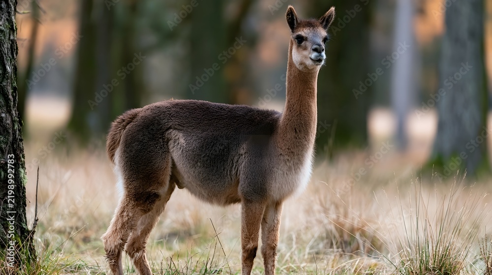 Obraz premium A graceful alpaca stands alert in a sunlit forest clearing surrounded by tall grass and tree trunks