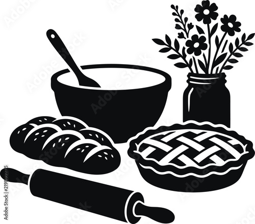 Baking tools with bread and pie illustration