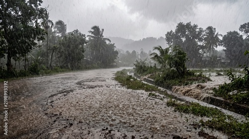 Heavy monsoon rain flooding rural road in tropical storm weather landscape